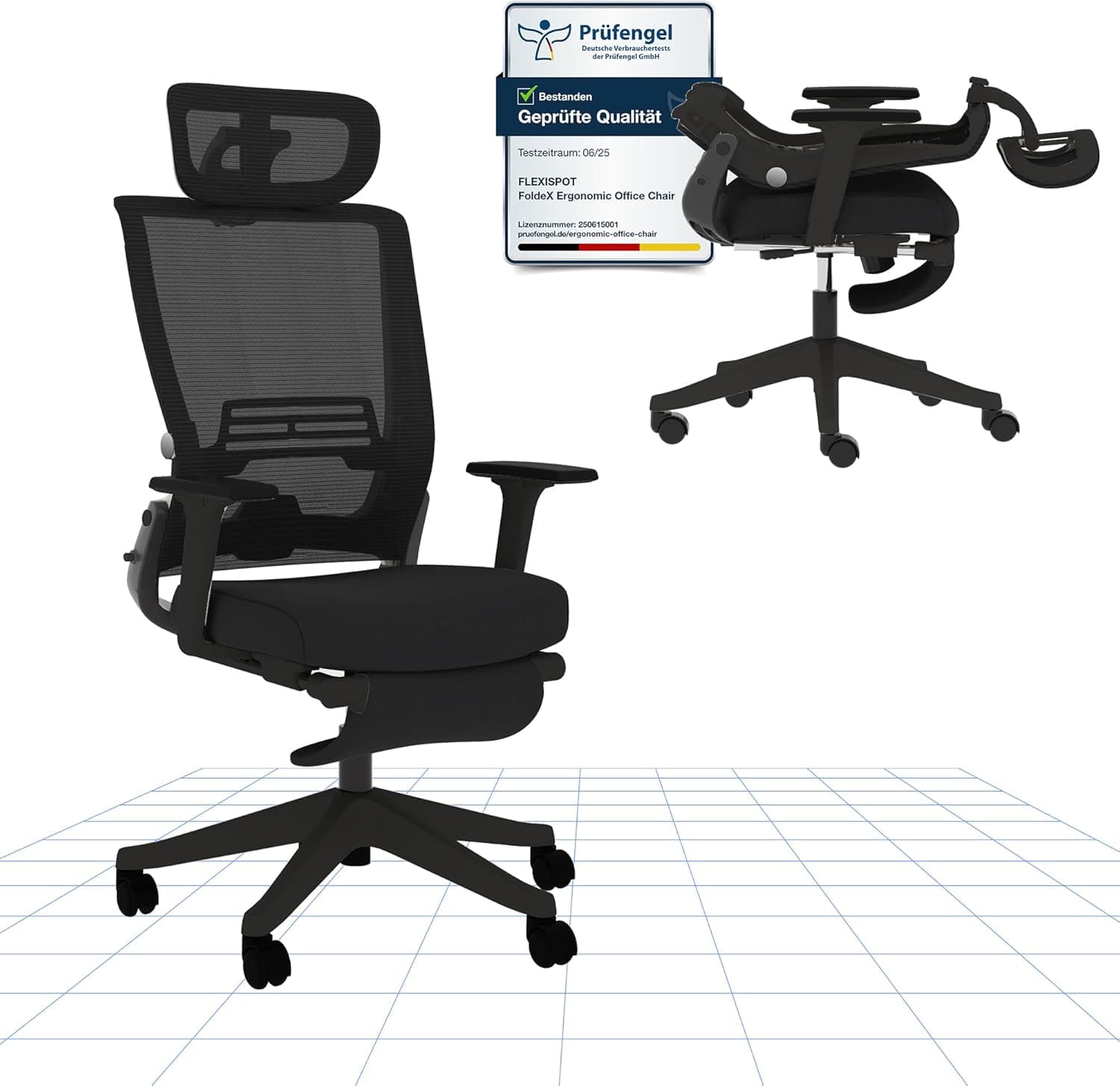 FLEXISPOT FOLDEX Silla de Oficina Ergonómica, Silla de Oficina Plegable con Apoyo Lumbar, Reposabrazos Regulables en Altura, Reposacabezas 2D, Silla de Escritorio de Malla para Oficina Casa-Panther