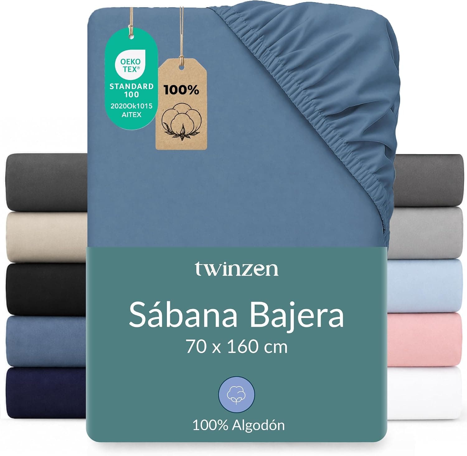 Twinzen Sábana Bajera Jersey Algodón 70x160 Azul Altura 15 cm