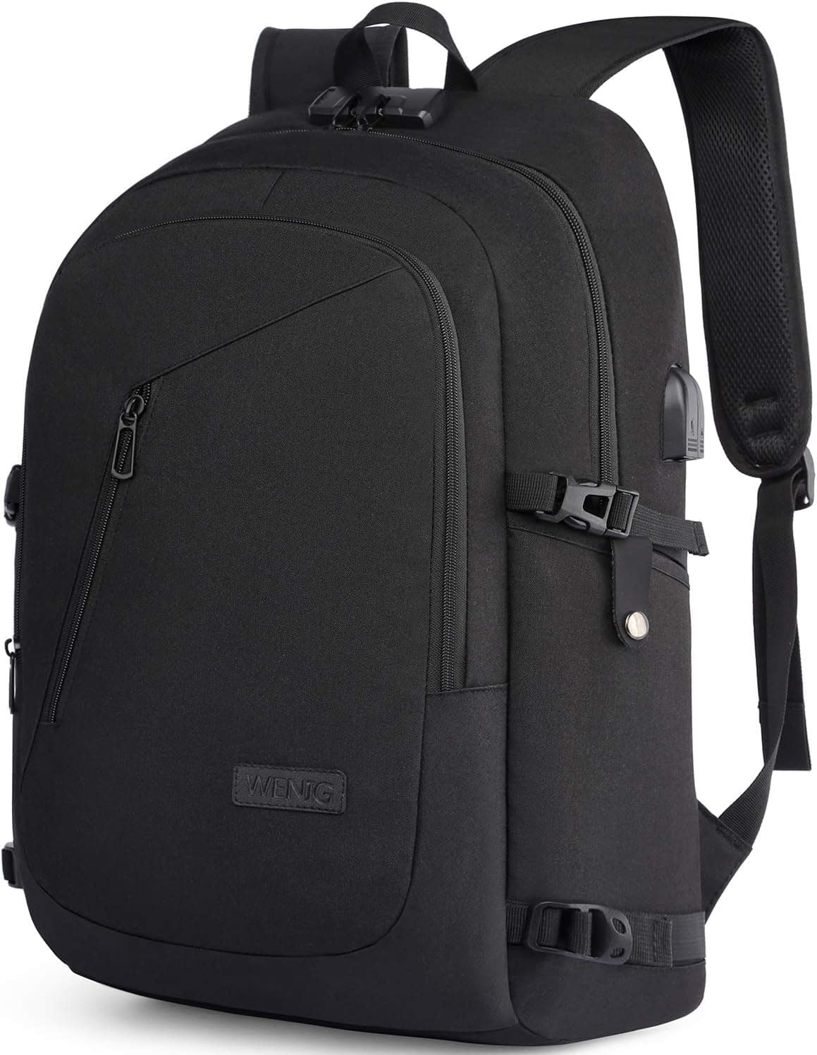 WENIG Impermeable y antirrobo Mochila para portátil de 15,6 pulgadas con puerto de carga USB para trabajo, viajes, para hombres [Negro]