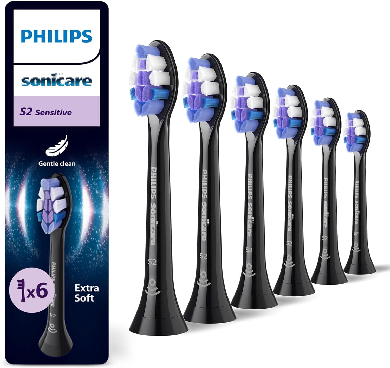 Philips Sonicare S2 Sensitive, pack de 6 cabezales para cepillo eléctrico, negro, HX6056/88
