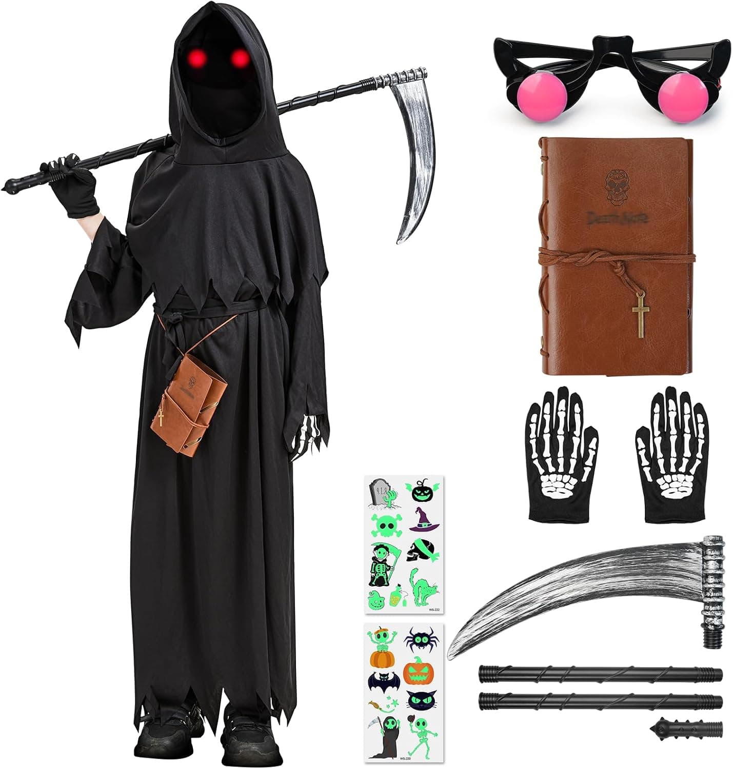Haozozozo Disfraz Halloween Niño, Disfraces Halloween NiñO Con Gafas Brillantes, Cuaderno, GuadañA Y Guantes De Calavera - Disfraz Muerte Niño