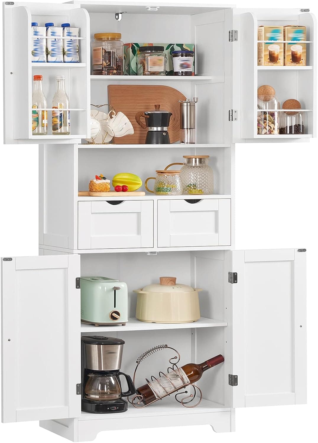 TEENFON Alacena de Cocina Alta y Despensa, Armario de 4 Puertas con 2 Cajones, Estantes Ajustables y 2 Organizadores de Puerta, Gran Armario Despensa y Aparador para Cocina, Salón, 161cm, Blanco