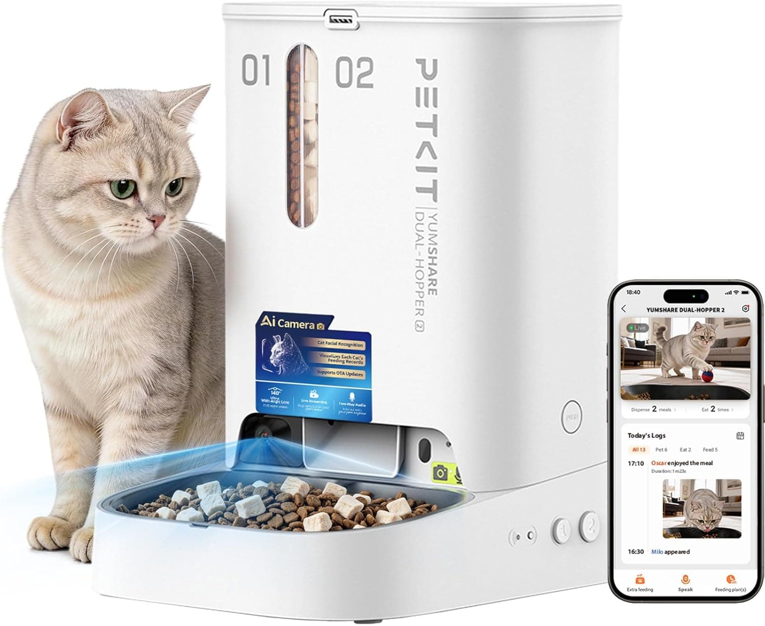 PETKIT Nuevo Comedero Gato Automatico con Cámara, Reconocimiento de Varios Gatos, 2.4G & 5GHz WiFi, Doble Tolva 5L Dispensador Comida Gatos/Perros, 1080P HD, Función AI, Cuenco de Acero Inoxidable