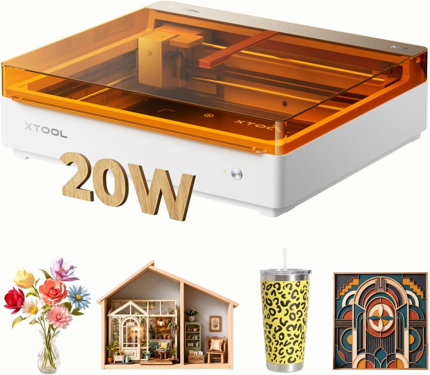 xTool M2 20W Grabadora láser cerrada Clase 1 con impresora CMYK y doble cámara. Ideal para grabar y cortar madera, cuero y lienzo a todo color. Perfecta para manualidades DIY de forma fácil y segura.