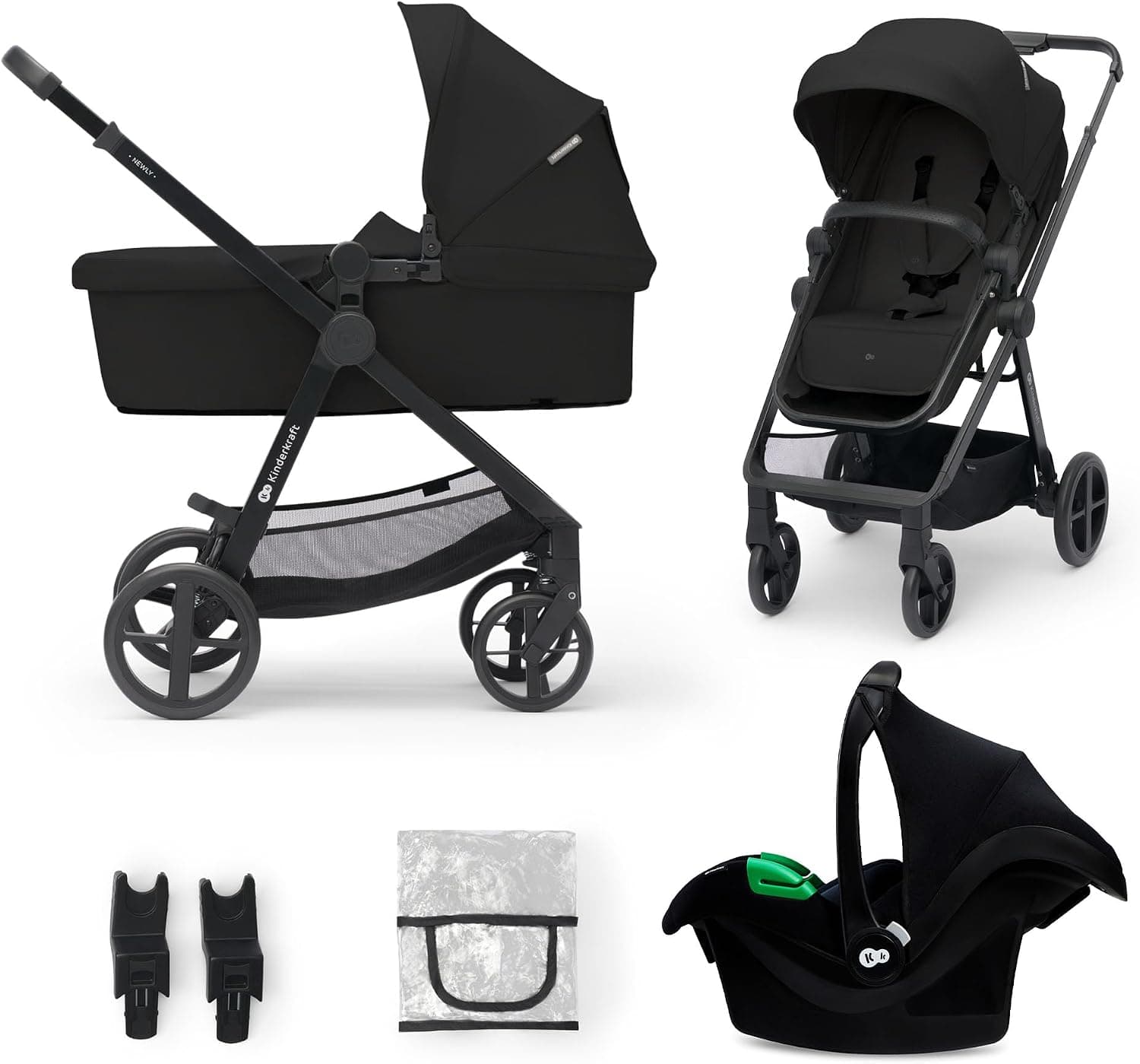 Kinderkraft NEWLY Carrito 3 en 1, I-Size, Para niños, Sistema de viaje, Carrito Para Bebes, Silla De Paseo, Ligera, Carro Bebe, Cochecito 3 Piezas, Plegable, desde el nacimiento hasta 22 kg, Negro