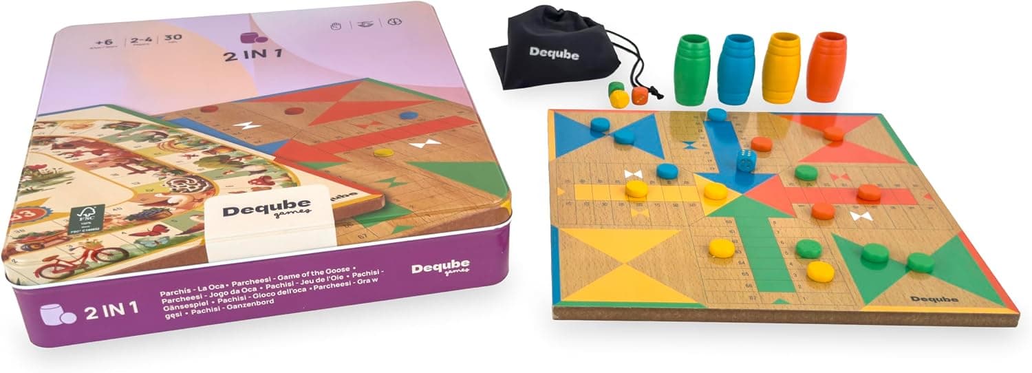 DEQUBE - Juego de Mesa - Parchís Oca - Caja Metal- Tablero de Madera FSC - +5 años (940D00322)