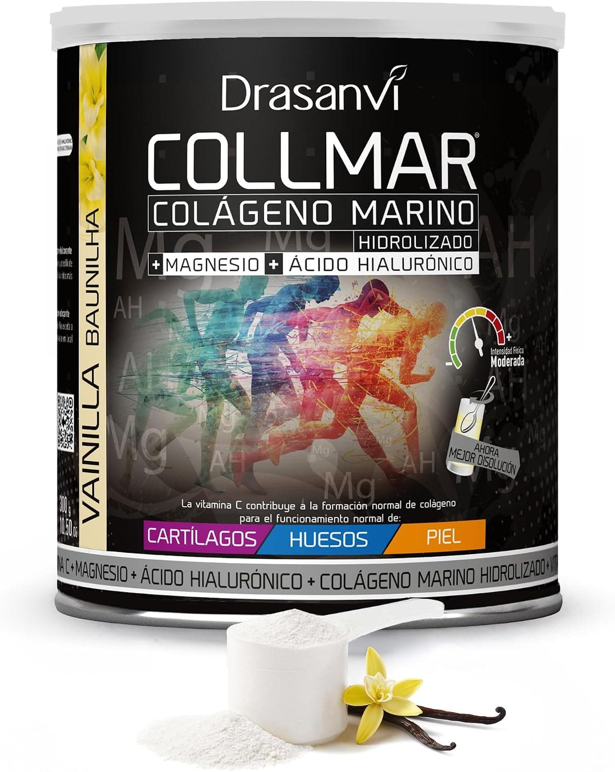 Drasanvi COLLMAR Colágeno Marino Hidrolizado con Ácido Hialurónico, Magnesio, Vitamina C | para cartílagos, huesos y piel | Sin edulcorantes |Alta dosis 9.717 mg/dia |300g de polvo | Sabor Vainilla