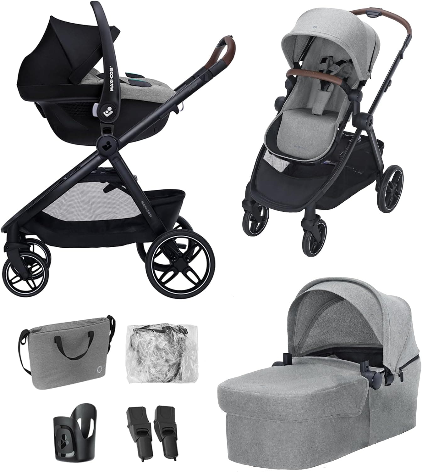 Maxi Cosi Zelia Select+,Cochecito Bebé 3 en 1 con Silla de Coche y Capazo Reversible, 0-4 Años (0-22 kg), Sistema de Viaje con Cochecito Plegado con una Mano, Silla Coche Bebé CabrioFix S i-Size, Gris