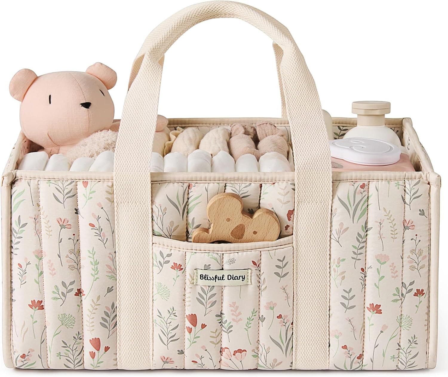 Blissful Diary Organizador de cambiador para bebé, Cesta de Almacenamiento Elegante para Necesidades de Recién Nacidos y Estación de Pañales, Regalo de Baby Shower, Beige Floral