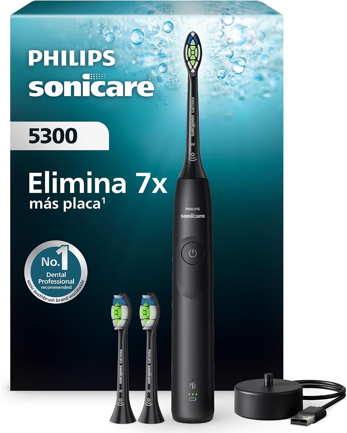 Philips Sonicare 5300 cepillo dental eléctrico, sónico con 2 niveles de intensidad, alerta de presión, EasyStart, SmarTimer y BrushPacer, negro, modelo HX7101/04 [Nueva Tecnología]