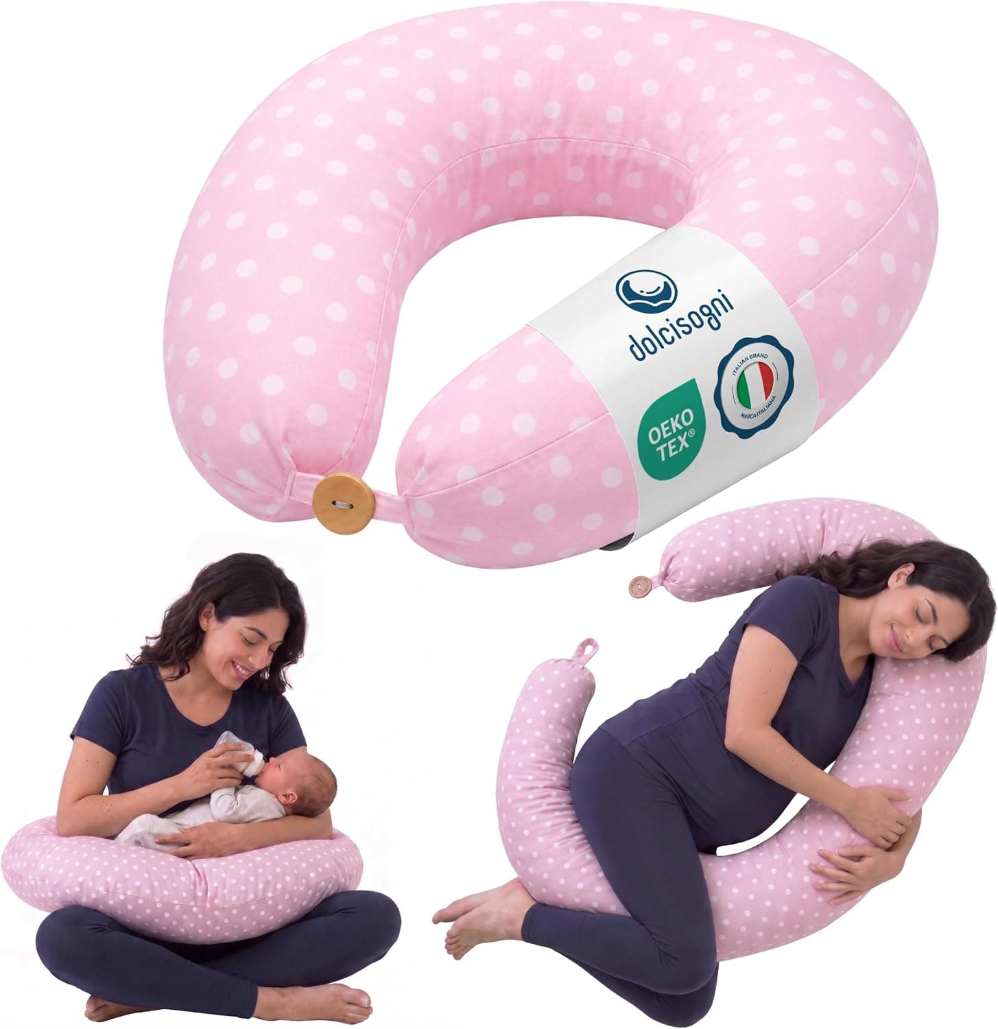 DOLCI SOGNI Cojín Lactancia y Cojín Embarazada Multiuso | Almohada Embarazada para Dormir | Funda 100% Algodón Oeko-Tex Lavable | Regalo para Embarazada