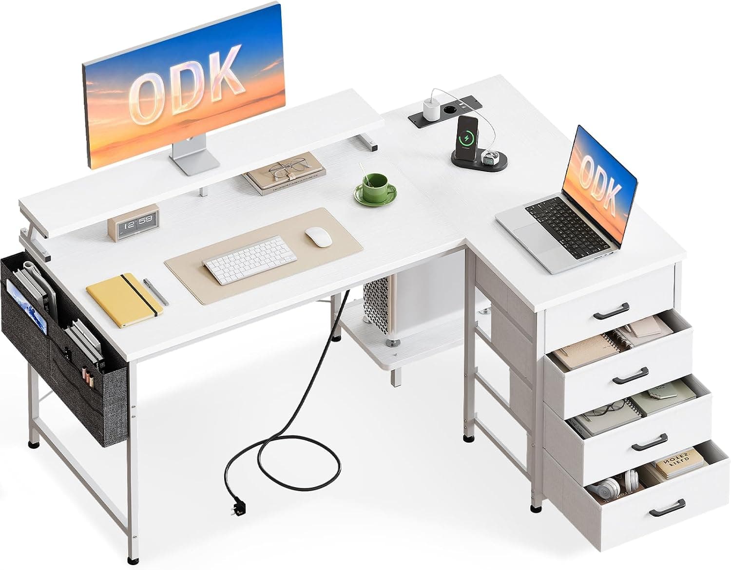 ODK Escritorio Esquinero con 4 Cajones de Tela, 140x80cm, Blanco