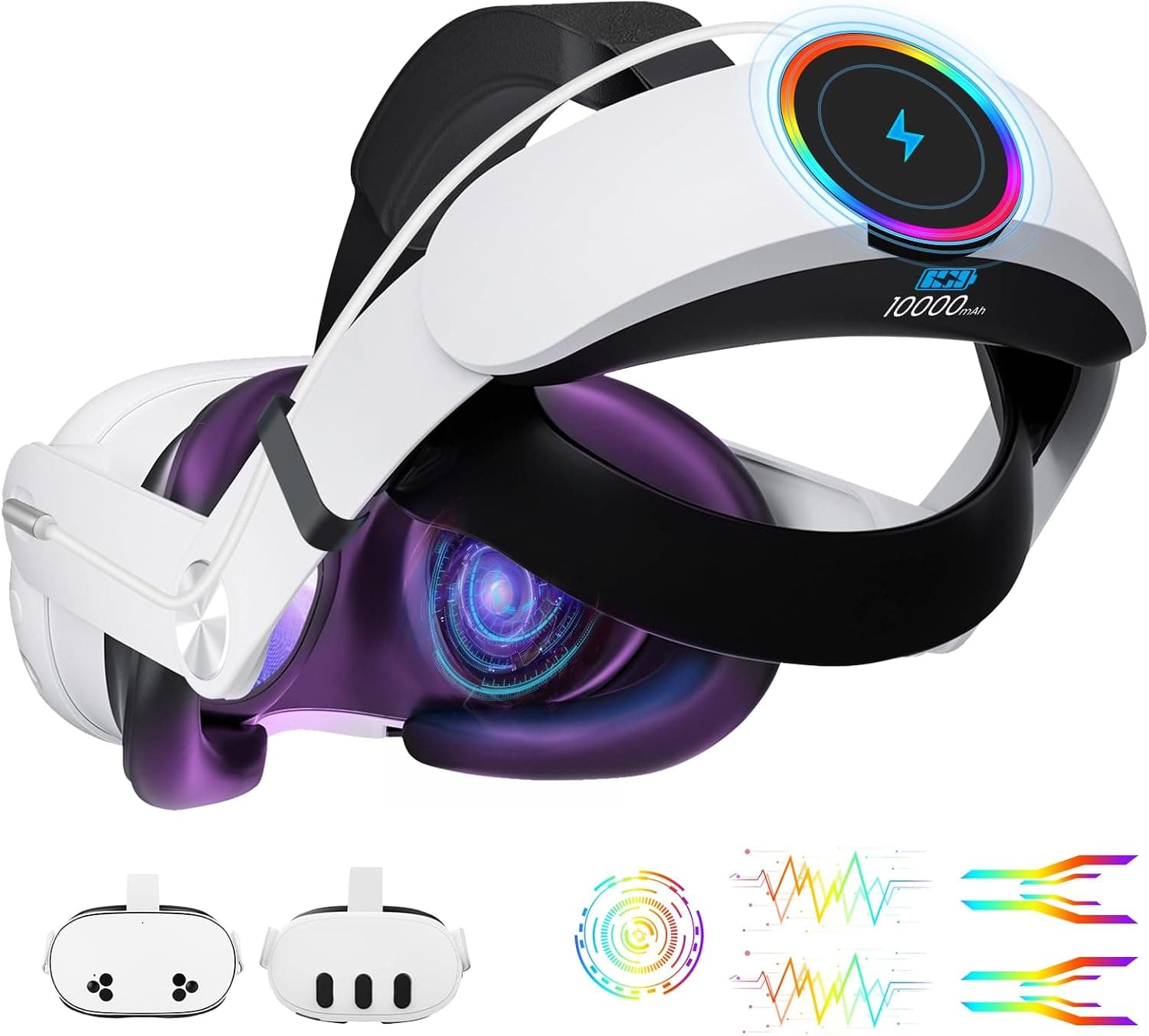 GEEKERA Headstrap Compatible con Meta-Quest 3/3S, 10000mAh Batería Head Strap para la Cabeza RGB, Accesorio VR con Correa Ajustable y Recarga Rápida, Tiempo de Juego Prolongado de 4 Horas