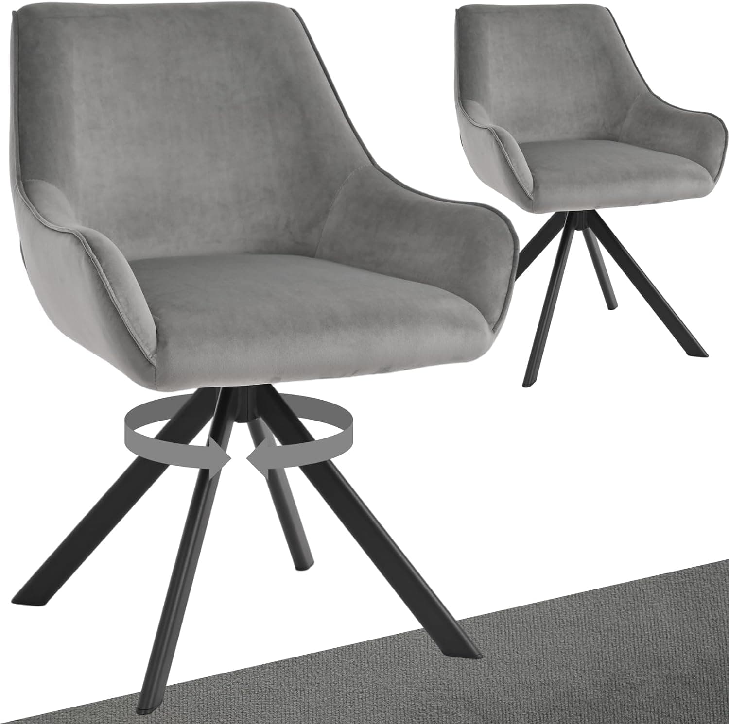 Juego de 2 sillas giratorias con reposabrazos – Silla giratoria de terciopelo moderno con respaldo de 360°, silla de cocina con estructura metálica y respaldo para comedor, sala de estar