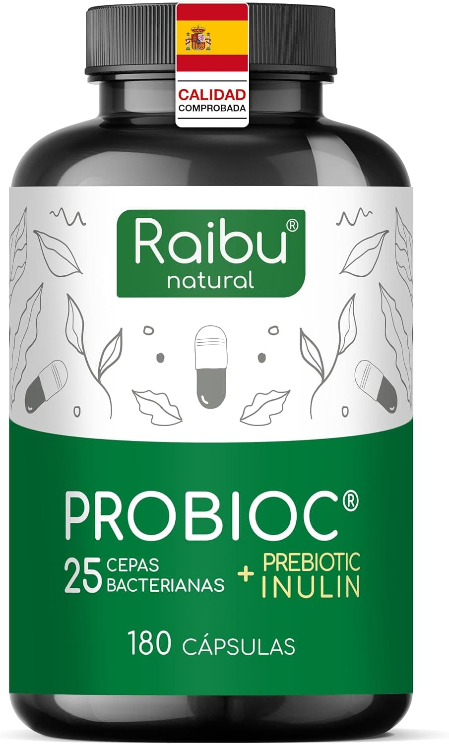 Probióticos y Prebióticos Intestinales con 25 Cepas Bacterianas + Inulina, 180 Cápsulas - 60 Mil Millones de UFC: Flora Intestinal Completa - Lactobacillus, Bifidobacterium, Máxima Concentración