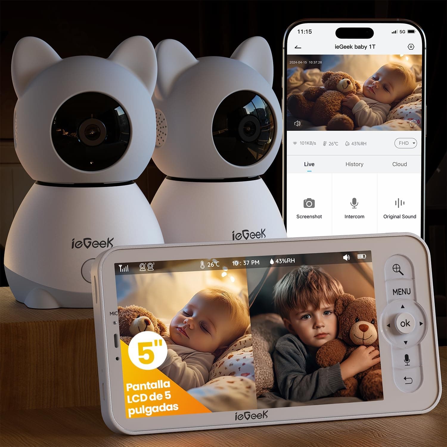 ieGeek Cámara Vigilancia Bebé 2K/3MP con 2 Cámaras, Monitor Bebé Pantalla 5" Dividible, Vigilabebés con Detección de Movimiento, Monitor de Temperatura, Audio Bidireccional, Visión Nocturna