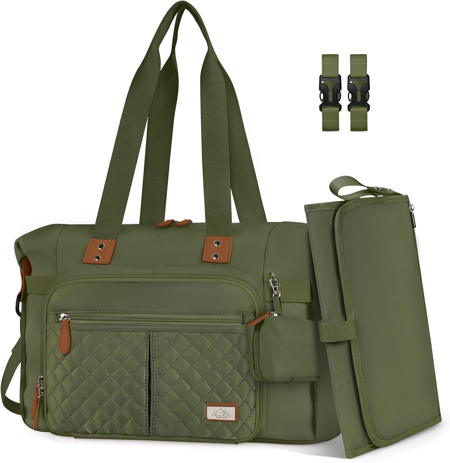 RAINSMORE Bolsa Cambiadora de Pañales para Bebé Impermeable Bolso Carro Bebe para Mamá y Papá con Soporte para Chupete y Cambiador Portátil Verde