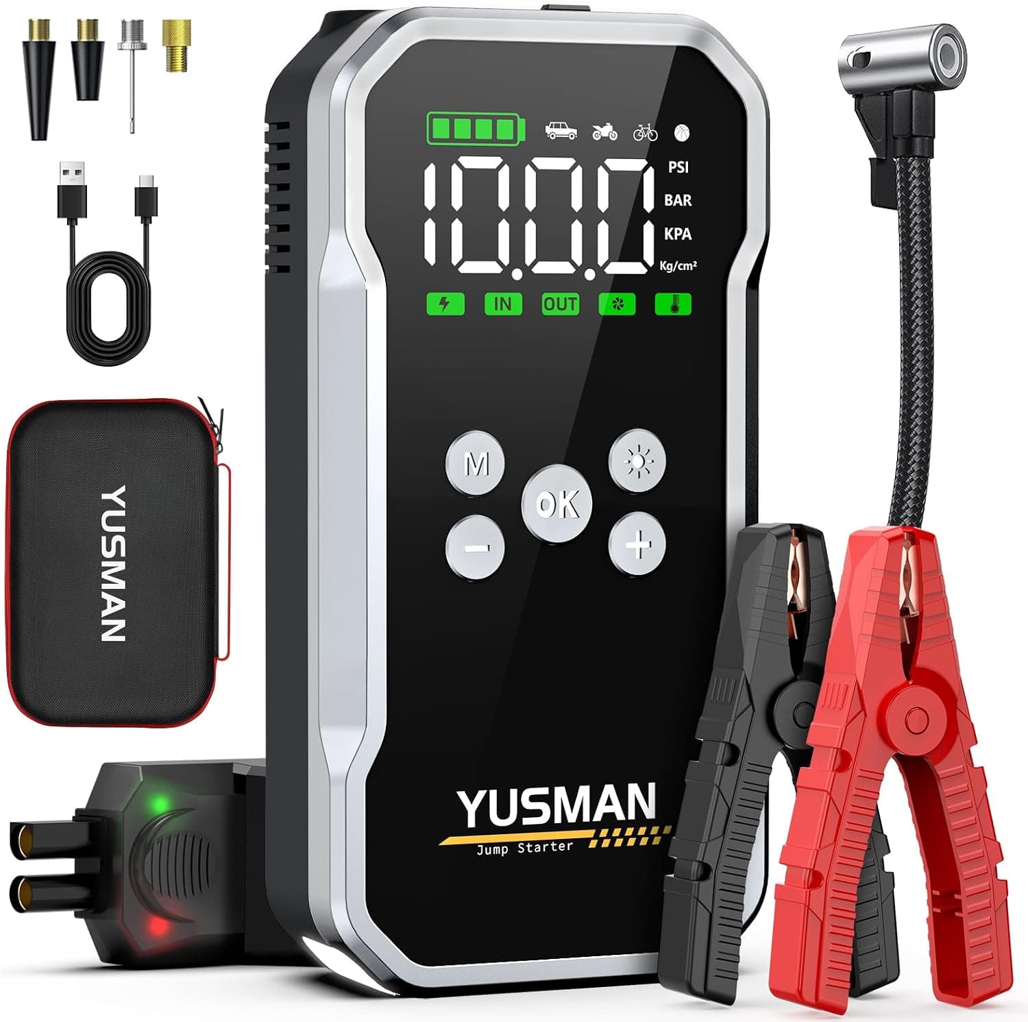 YUSMAN Arrancador de Baterías de Coche 9000A con Compresor de Aire 160 PSI, Arrancador Coche Portátil 12V para Todos los Motores de Gasolina y Diésel hasta 10.0L, Power Bank y Linterna LED