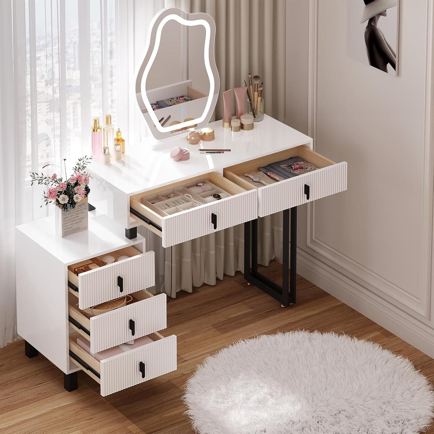 WOLTU Tocador con Luz LED Regulable, Espejo Forma Nube, Mesa Maquillaje