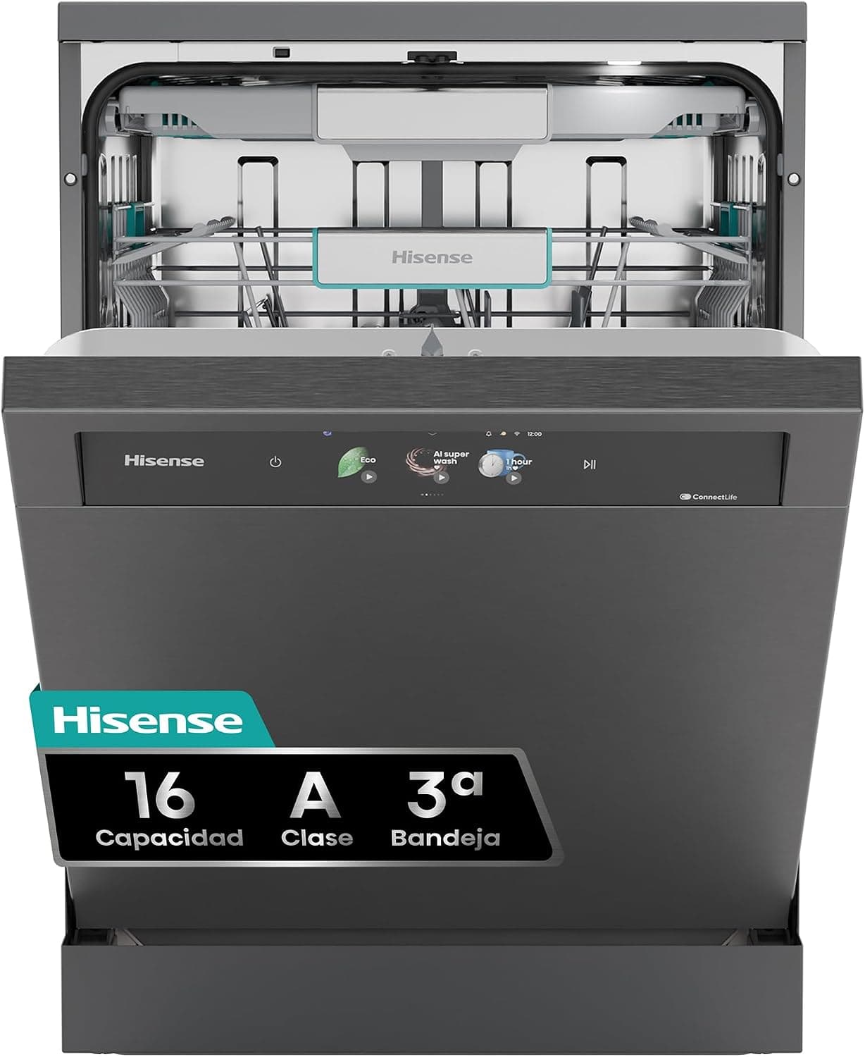 Hisense HS693A90ADBX - Lavavajillas Clase A, 16 Servicios, Fondo 60cm, Pantalla TFT Vision Plus 6.86", Super Wash IA, Programa ECO IA, Secado All Dry, Media Carga Auto, Tercera Bandeja, Inox