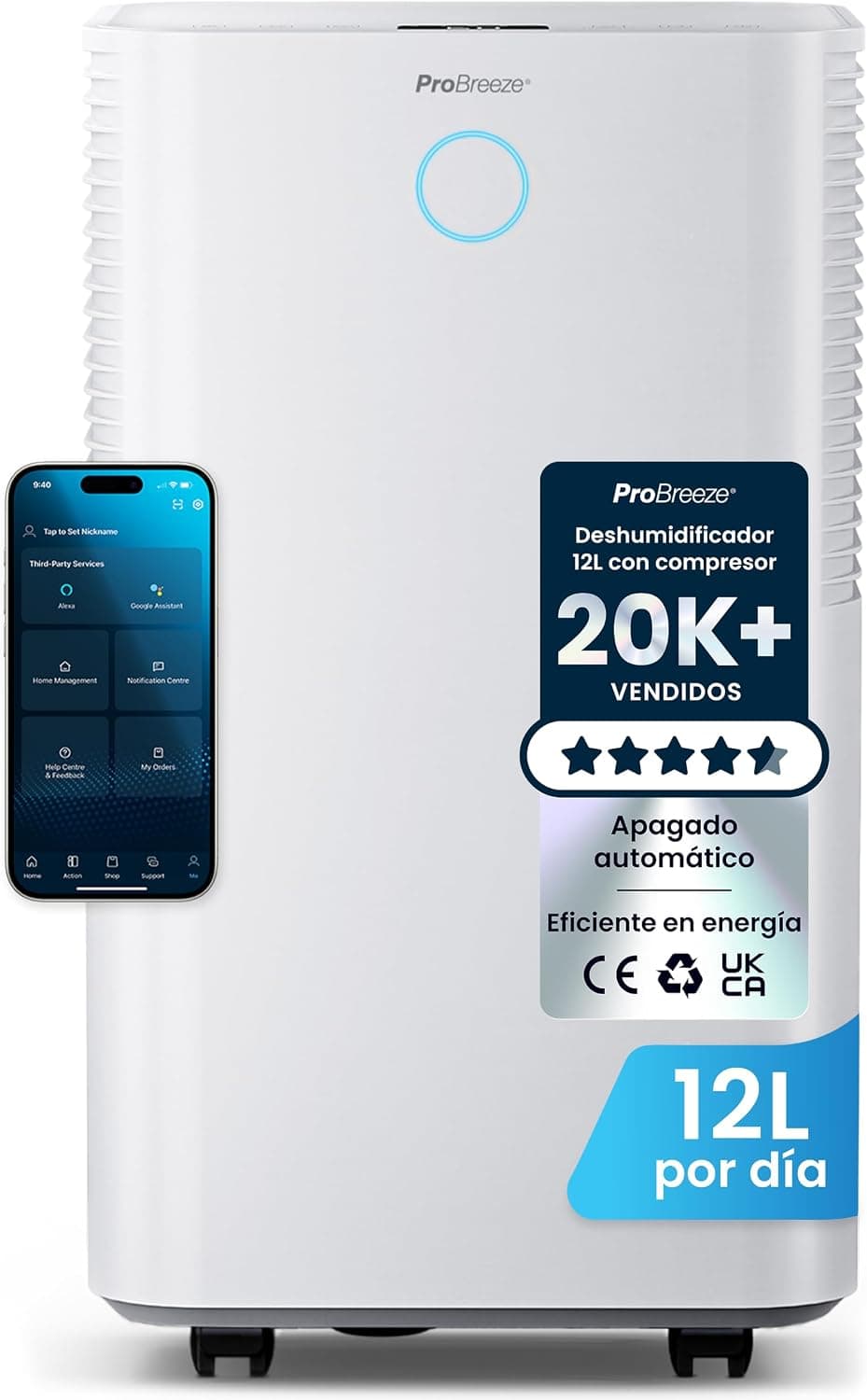 Pro Breeze OmniDry Deshumidificador 12L/Día con WiFi, Depósito de 2L, Secado de Ropa, Sensor Automático, Temporizador 24H, Modo Nocturno, Humedad, Moho y Condensación - Habitaciones hasta 20 m²
