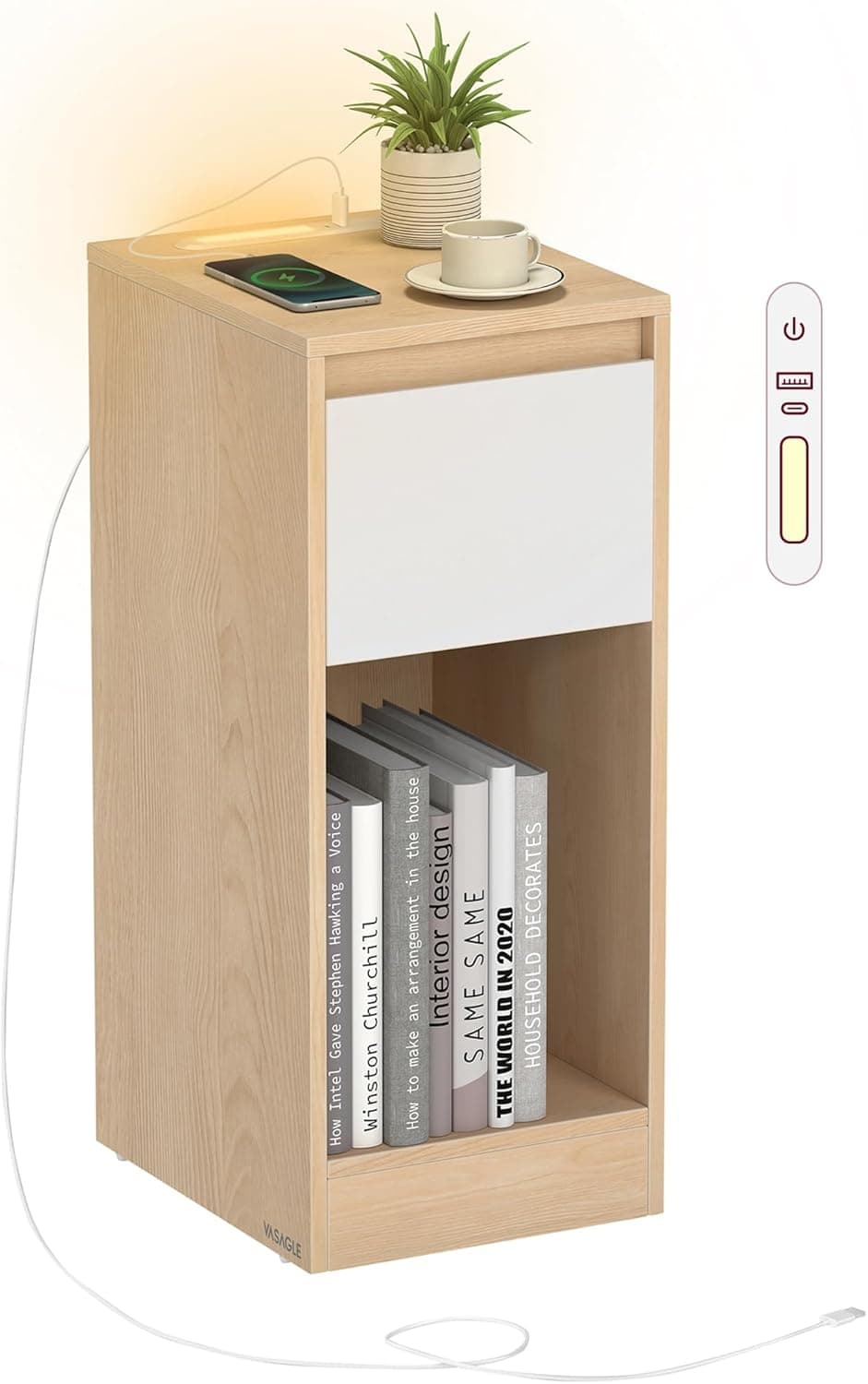 VASAGLE Mesita de Noche Estrecha, Mesa Auxiliar, con Iluminación LED