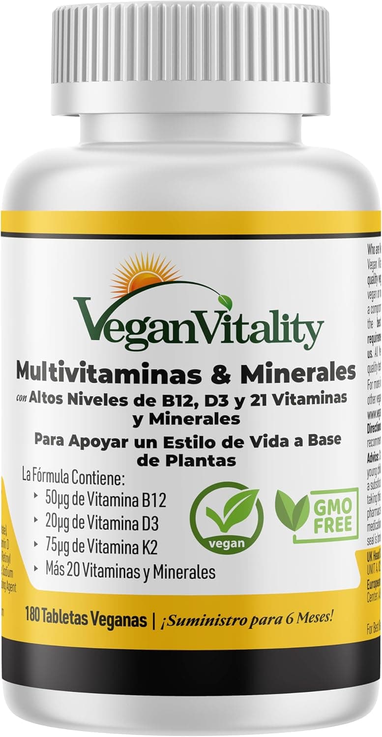 Multivitaminas y minerales veganos con vitamina B12, D3 y K2 de alta resistencia. 180 tabletas multivitamínicas - 6 meses de suministro. Diseñado para veganos y vegetarianos
