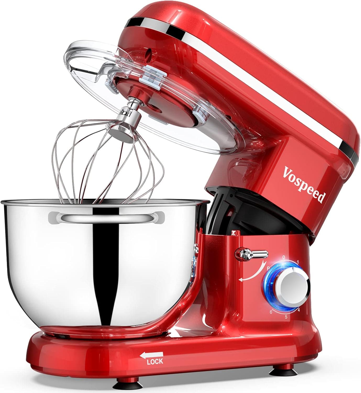 Batidora Amasadora Vospeed 1500W, Amasadora de Pan Para Repostería 6.2 L, Bol de Acero Inoxidable, Varillas Batidoras, Varillas Amasadoras (rojo)