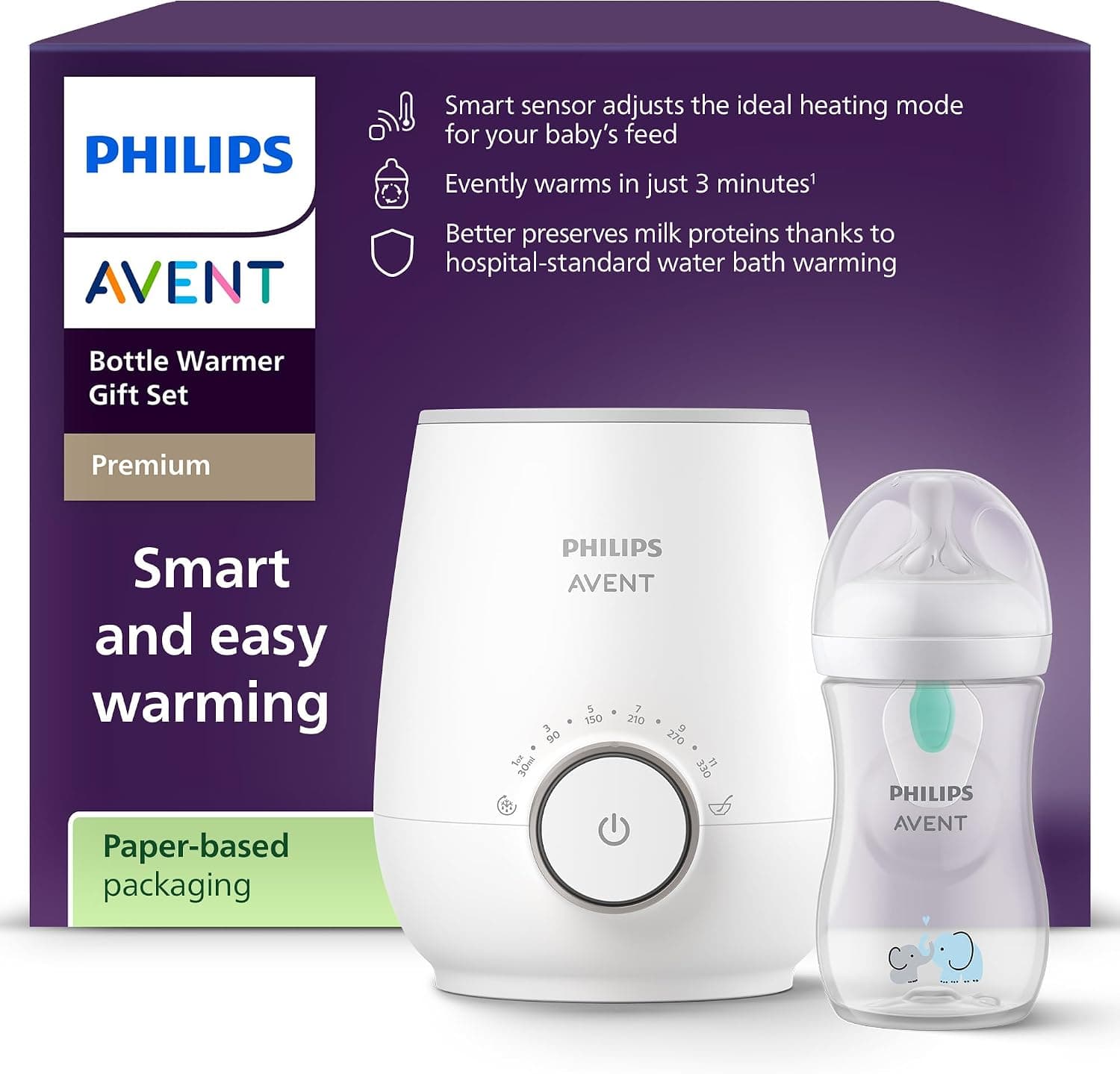 Philips Avent Pack regalo calientabiberones - Calientabiberones Premium y biberón Natural Response, control de temperatura, calienta uniformemente, apagado automático, descongelación suave, SCF358/10