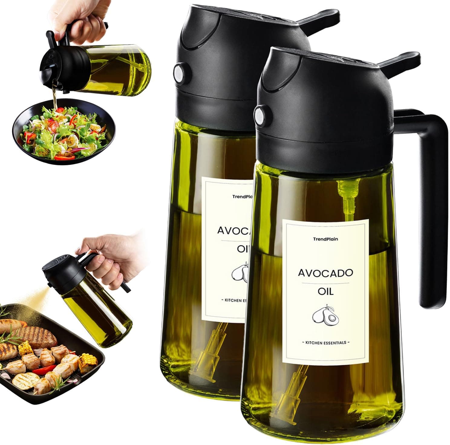 TrendPlain Pulverizador Aceite Spray 470ml - 2 en 1 Spray Aceite Cocina, Dispensadora para Freidora de Aire, Ensaladas, Vinagre y Accesorios Cocina (2 unidad, 2 Negro - 1)
