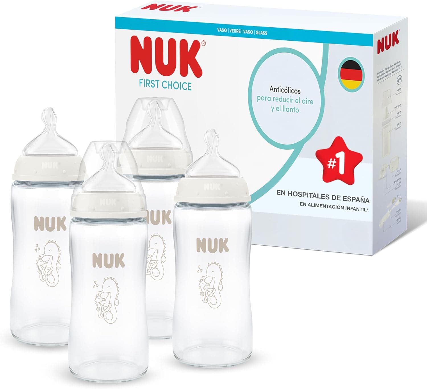 NUK First Choice Biberón | 3+ meses | 240 ml | Biberón anticólicos | Vidrio | Indicador de control de temperatura | Caballito de mar | 4 unidades