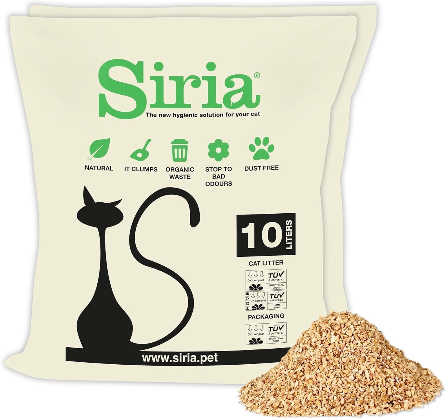 Siria 20L-Arena para Gatos Vegetal y Aglomerante-Set 2 Bolsas de 10 litros