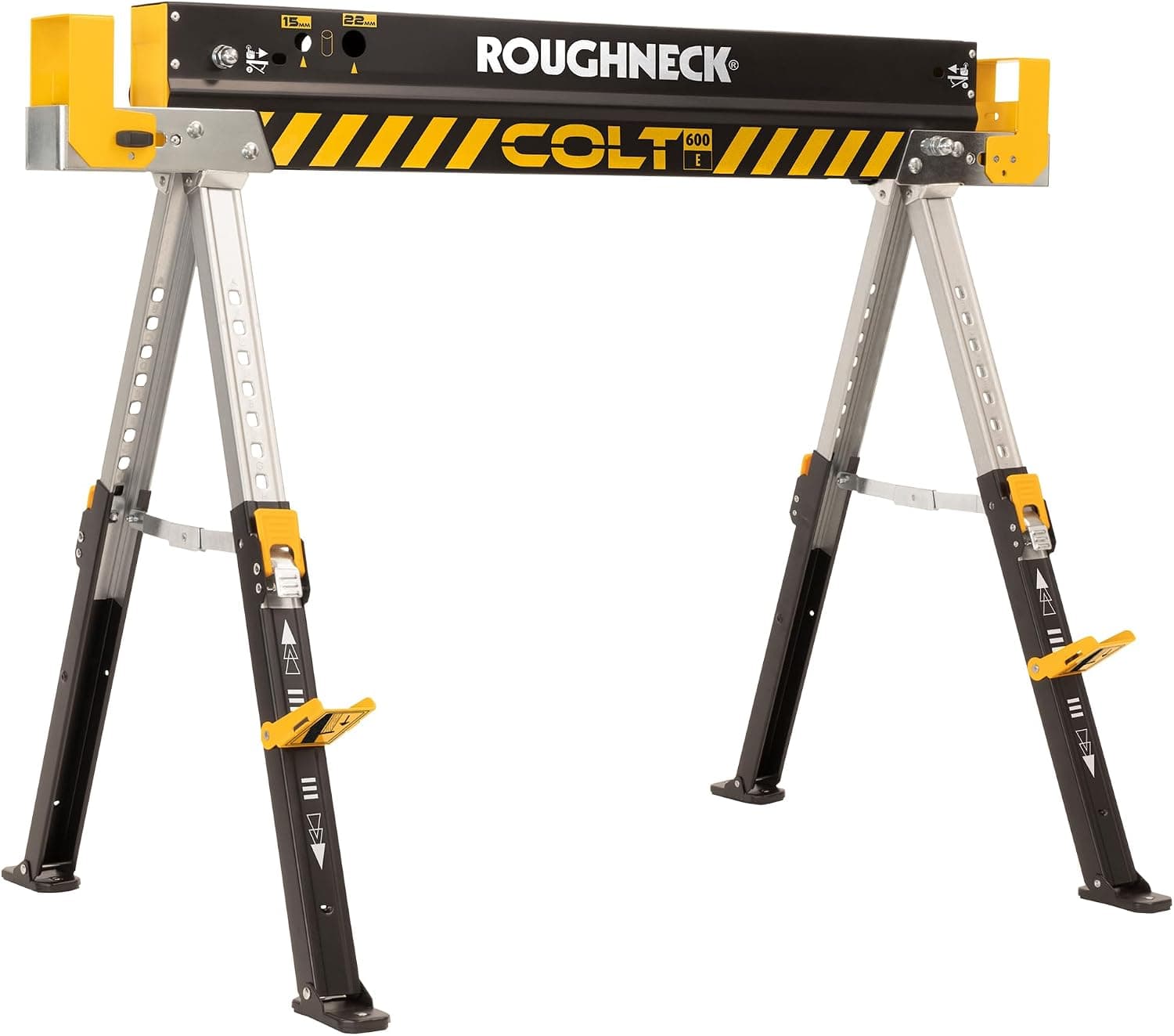 Caballete ROUGHNECK COLT 600E: construcción robusta de acero, capacidad de carga de 589 kg y patas de altura ajustable para carpintería y construcción