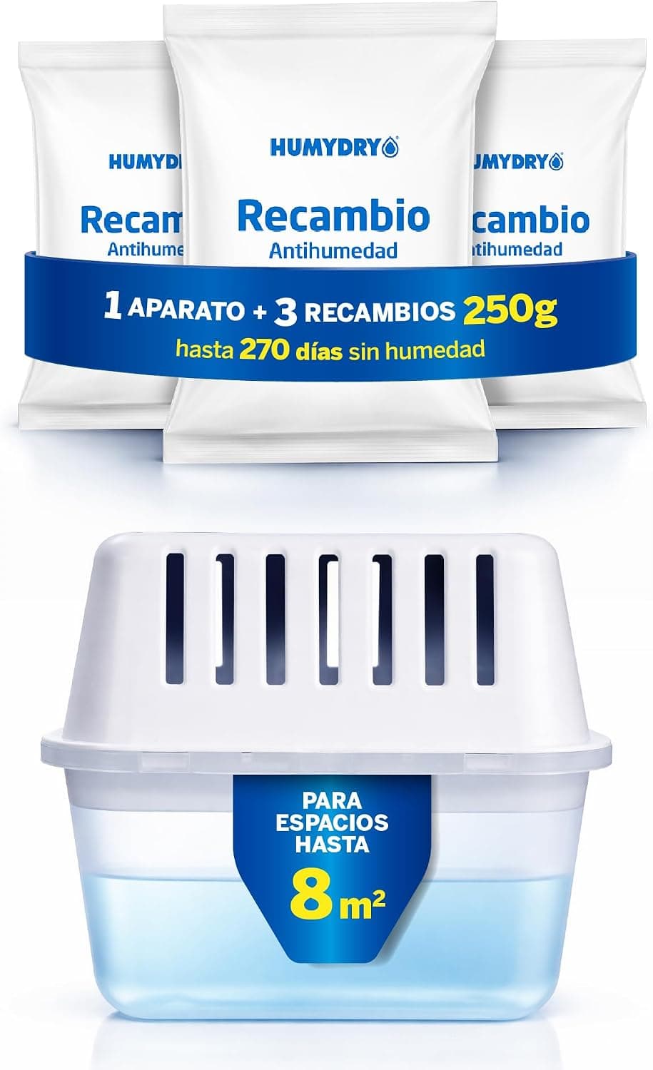 HUMYDRY - Aparato Compact 250g – Deshumidificador Antihumedad con 3 Recambios – Absorbe la Humedad sin Electricidad – Compatible con Recambios HUMYDRY 250g – Hasta 8 m²