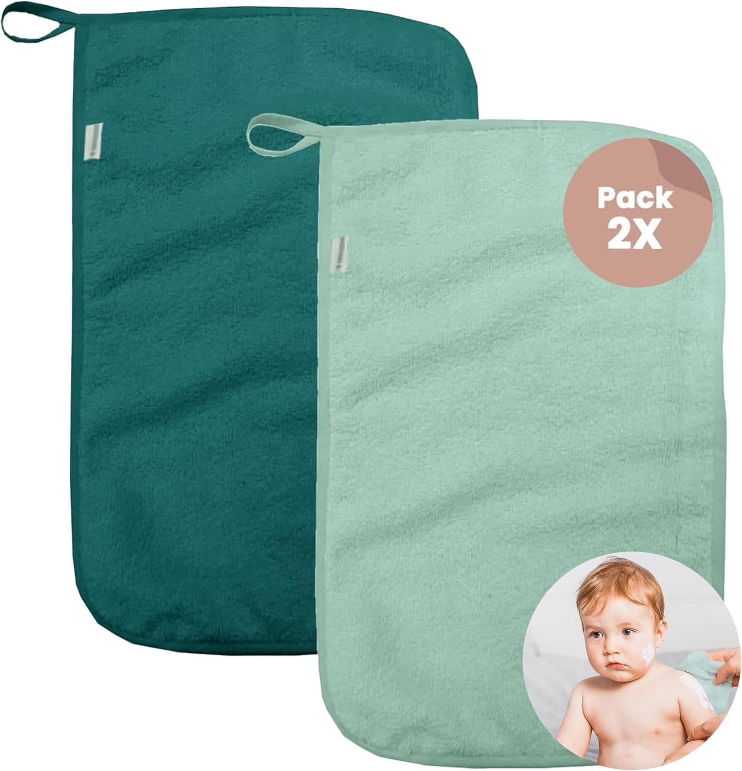 MIMUSELINA Set 2 Toalla Bebe Recien Nacido en Rizo 100% Algodón | Toallitas Bebe con Tira para Colgar 35x23 cm, 450 gr | Toalla Baño Bebé en Algodón Certificado Oeko-Tex (Turquesa/Menta)