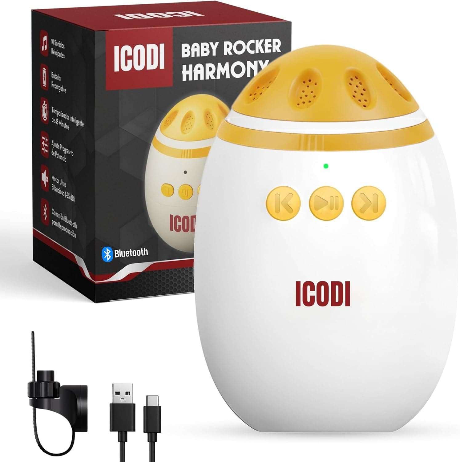 ICODI Baby Rocker Harmony – Mecedora Automática para Hamaca Bebé con Bluetooth, Balancín Bebé Universal para Cochecito y Cuna con Sonidos Relajantes, Recargable USB-C 1200mAh, Balanceo Ajustable