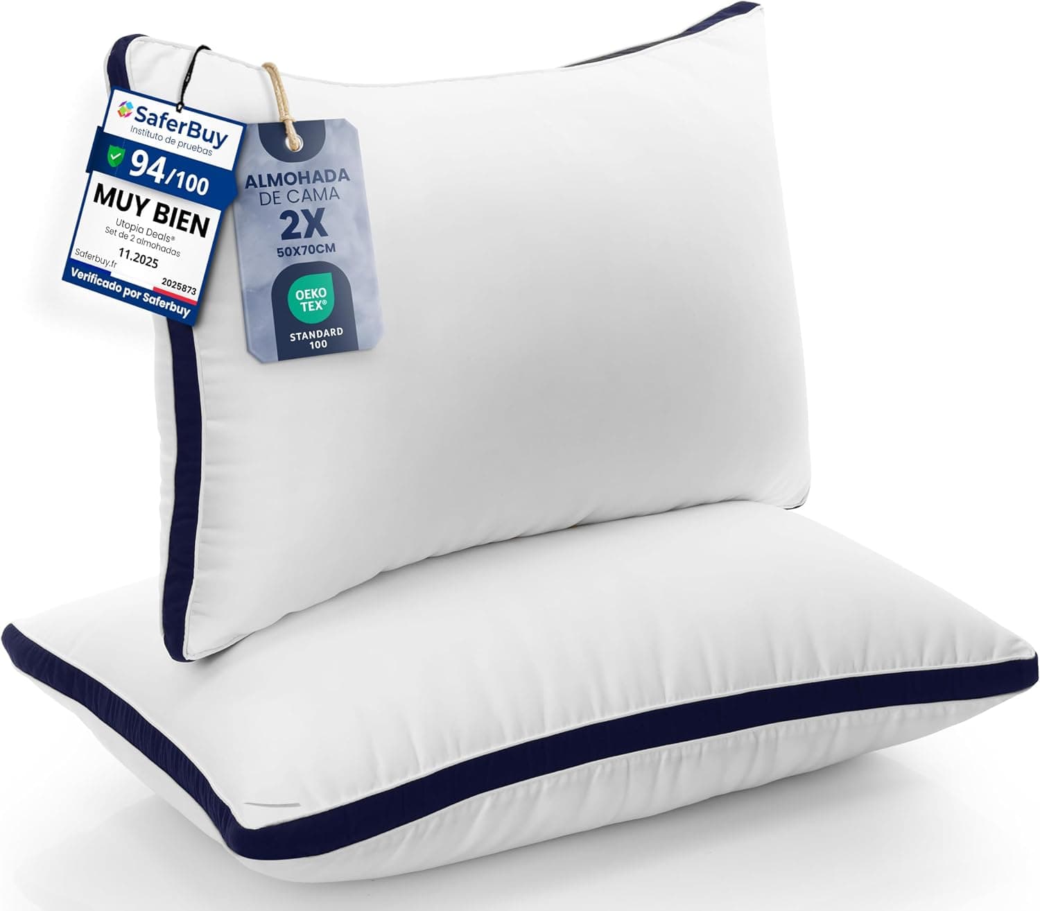 Utopia Bedding Almohada 50 x 70 cm Pack de 2, Microfibra, Azul Marino