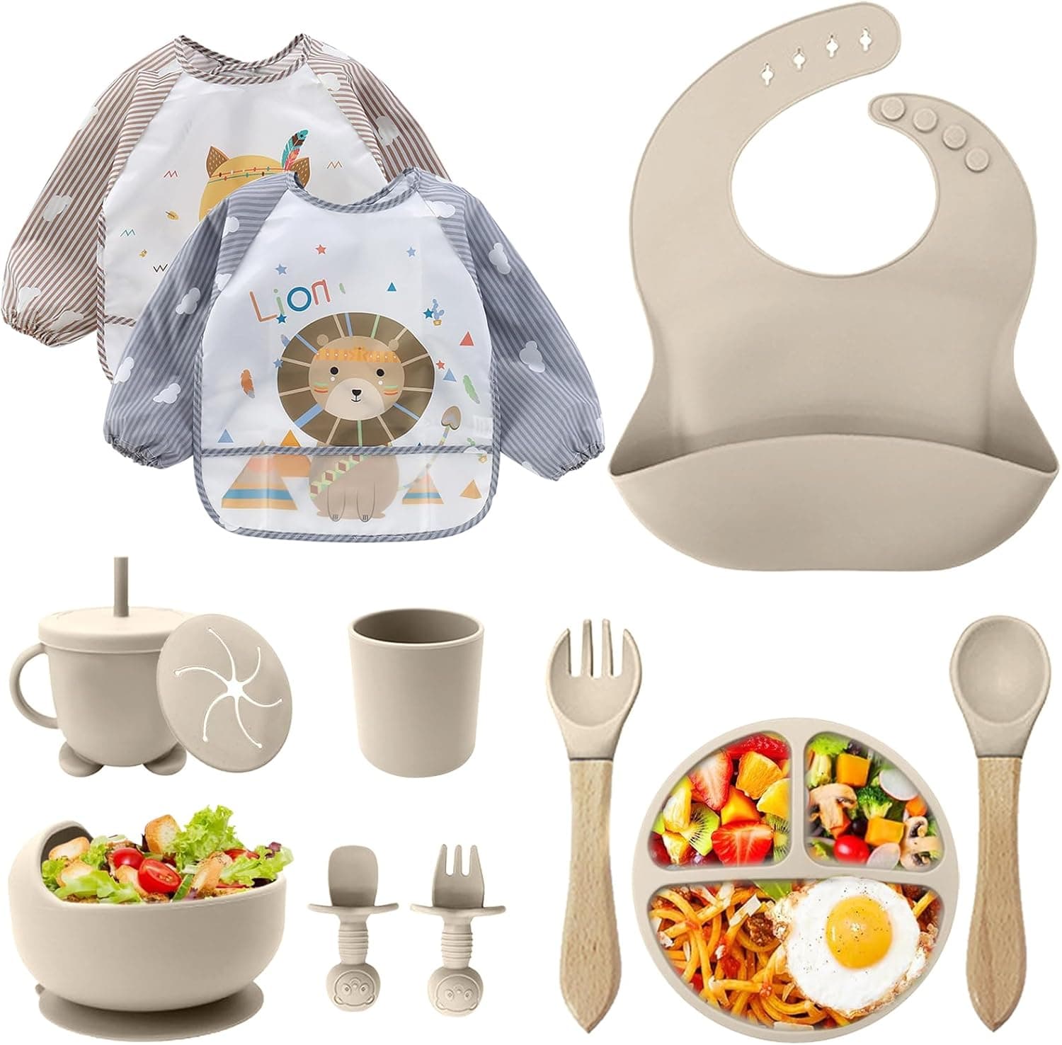 Cubiertos Bebe,Juego de 12 Piezas Platos Bebe con Ventosa, Baby Led Weaning,Cubiertos Infantiles,Juegos de Vajilla Bebe,Cuchara Bebe,Babero Silicona Bebe,Plato de Silicón Antideslizante Sin BPA