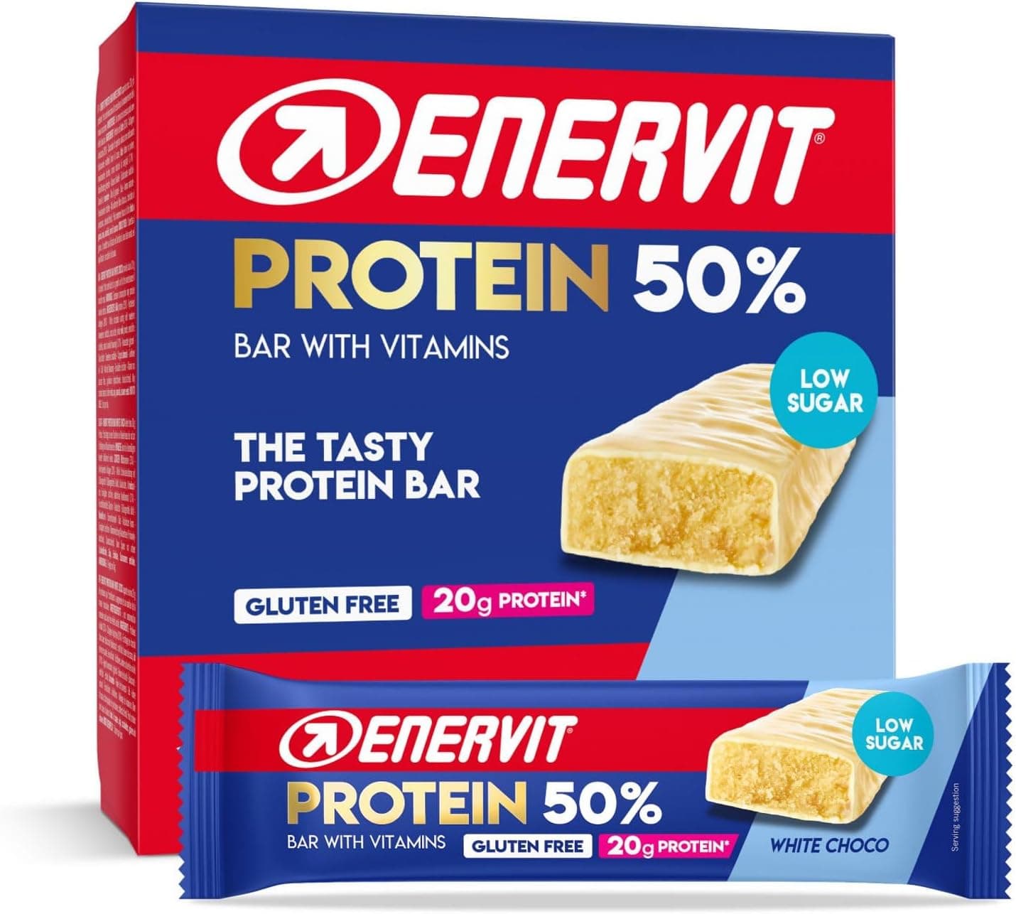 Enervit, Barrita Proteica 50% White Choco, 20g de Proteínas, Baja en Azúcar, con Vitaminas D y B6, Para la Recuperación Después del Deporte, Sabor Chocolate Blanco, Sin Gluten, 12 Barritas de 40g