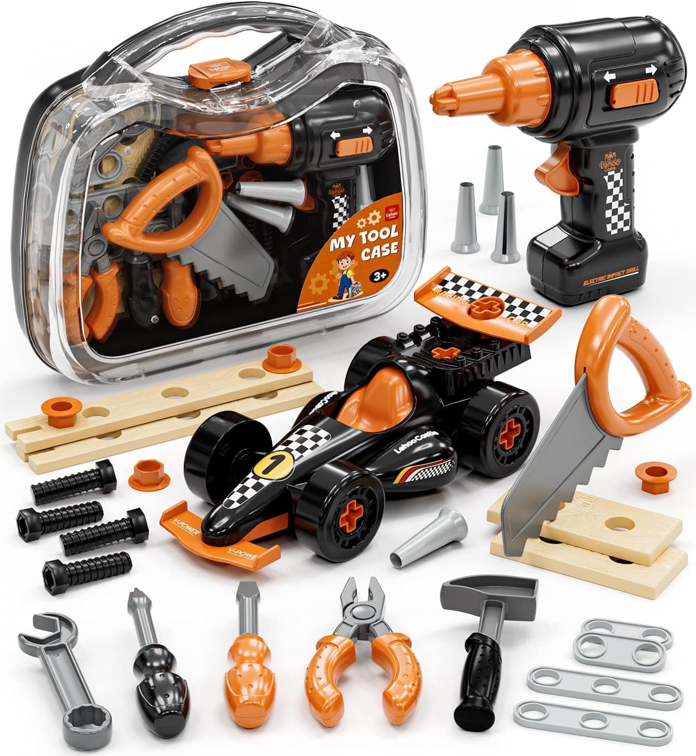 Lehoo Castle Caja de Herramientas Juguete con Coche Naranja para Niños 3+