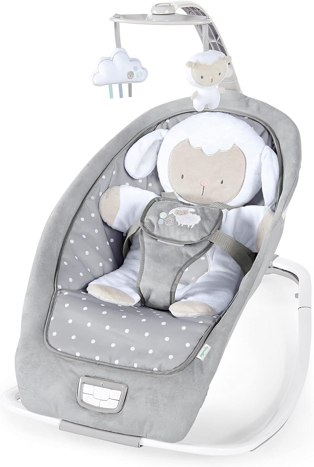 Ingenuity, Hamaca Mecedora para Bebés hasta 18 kg, Cuddle Lamb con vibraciones, arco de juego con 2 peluches, 12 melodías, 4 sonidos de naturaleza, volumen regulable, ergonómico.