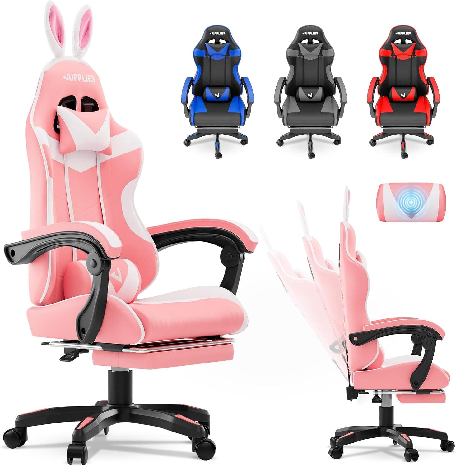 JUPPLIES Silla Gaming Profesional con Masajeador - Silla de Oficina Ergonómica, Altura Regulable y Respaldo Abatible - Silla Gamer (Rosa, Acolchado Arriba, con Reposapiés)