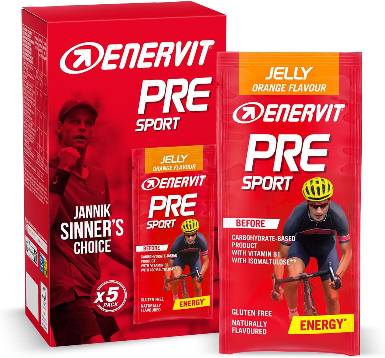 Enervit Pre Sport Naranja, Gelatina Energética, Para Utilizar Antes de la Actividad Física, Fórmula Innovadora con 25g de Carbohidratos, Vitamina B1, Sabor Naranja, Sin Gluten, Vegano, 5 Pack de 45g
