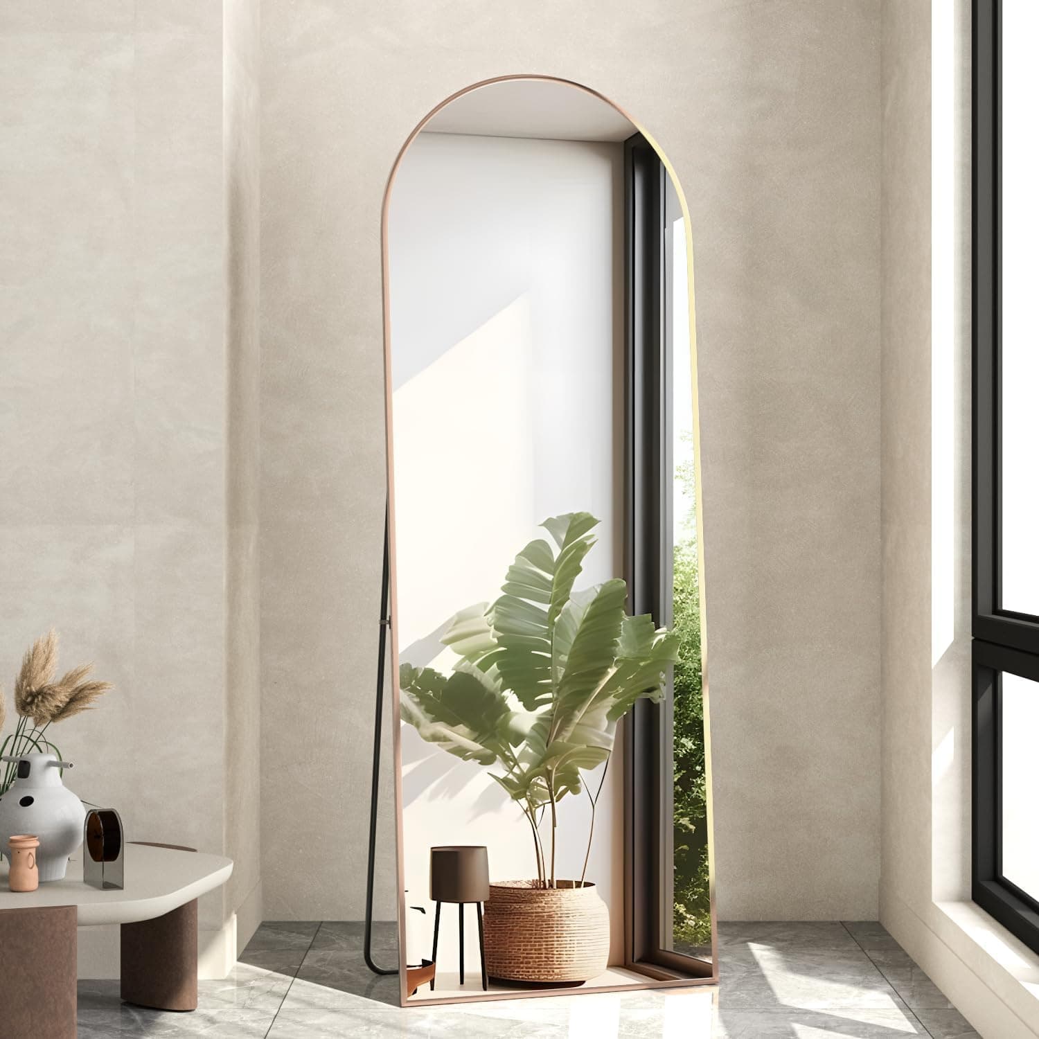 Espejo de Cuerpo Entero Espejo Arco de 141 x 40 cm, Espejo de pie con Soporte, Dorado Arqueado Cuerpo Completo, Espejo de pie o Inclinado para Dormitorio, Sala de Estar