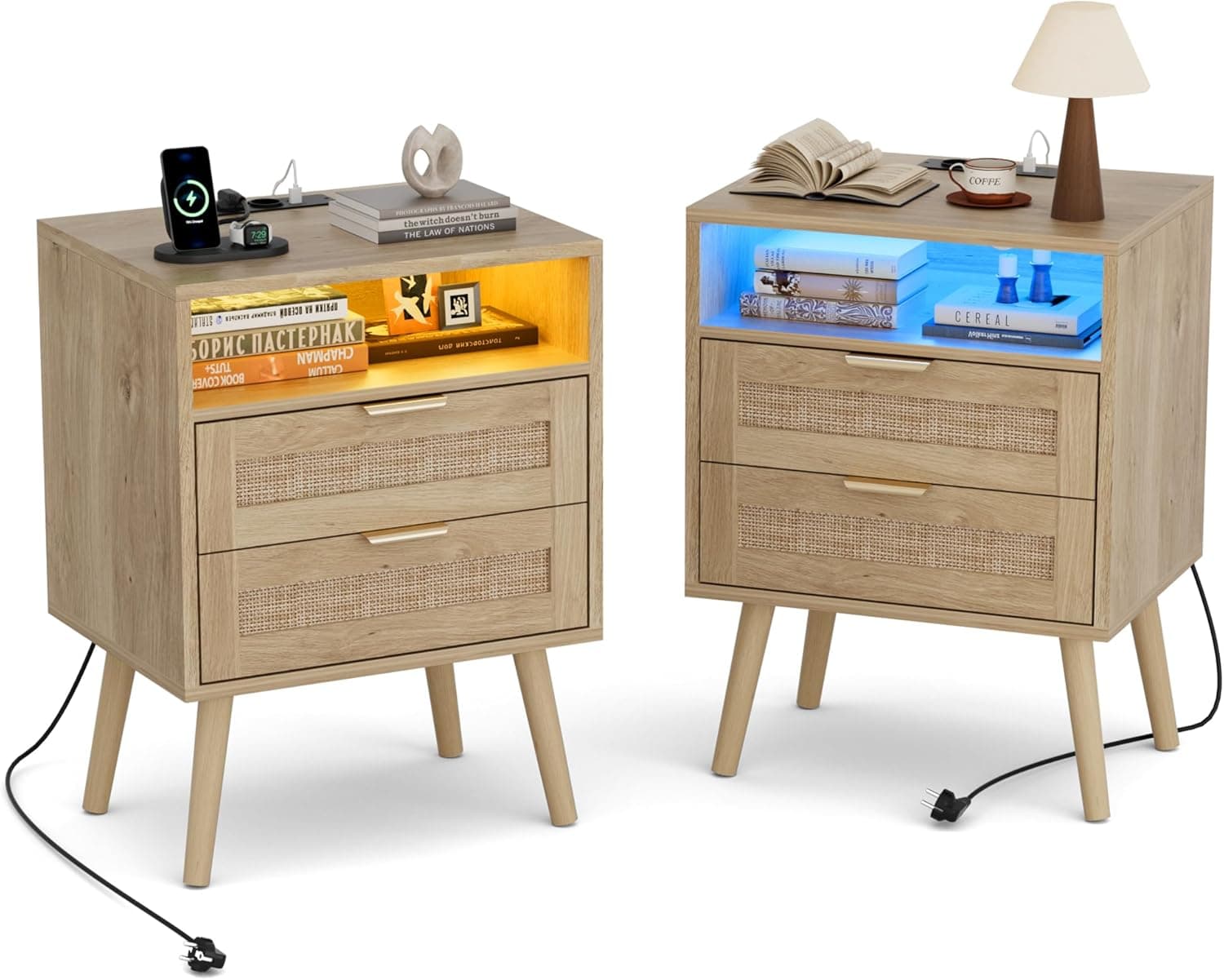 BonVache Mesitas de Noche Pack 2, Luz Regulable en Color, Toma de Corriente integrada y Puertos USB-A y C, Compartimento Abierto y 2 cajones de caña, Patas de Madera Maciza, Estilo ratán Natural