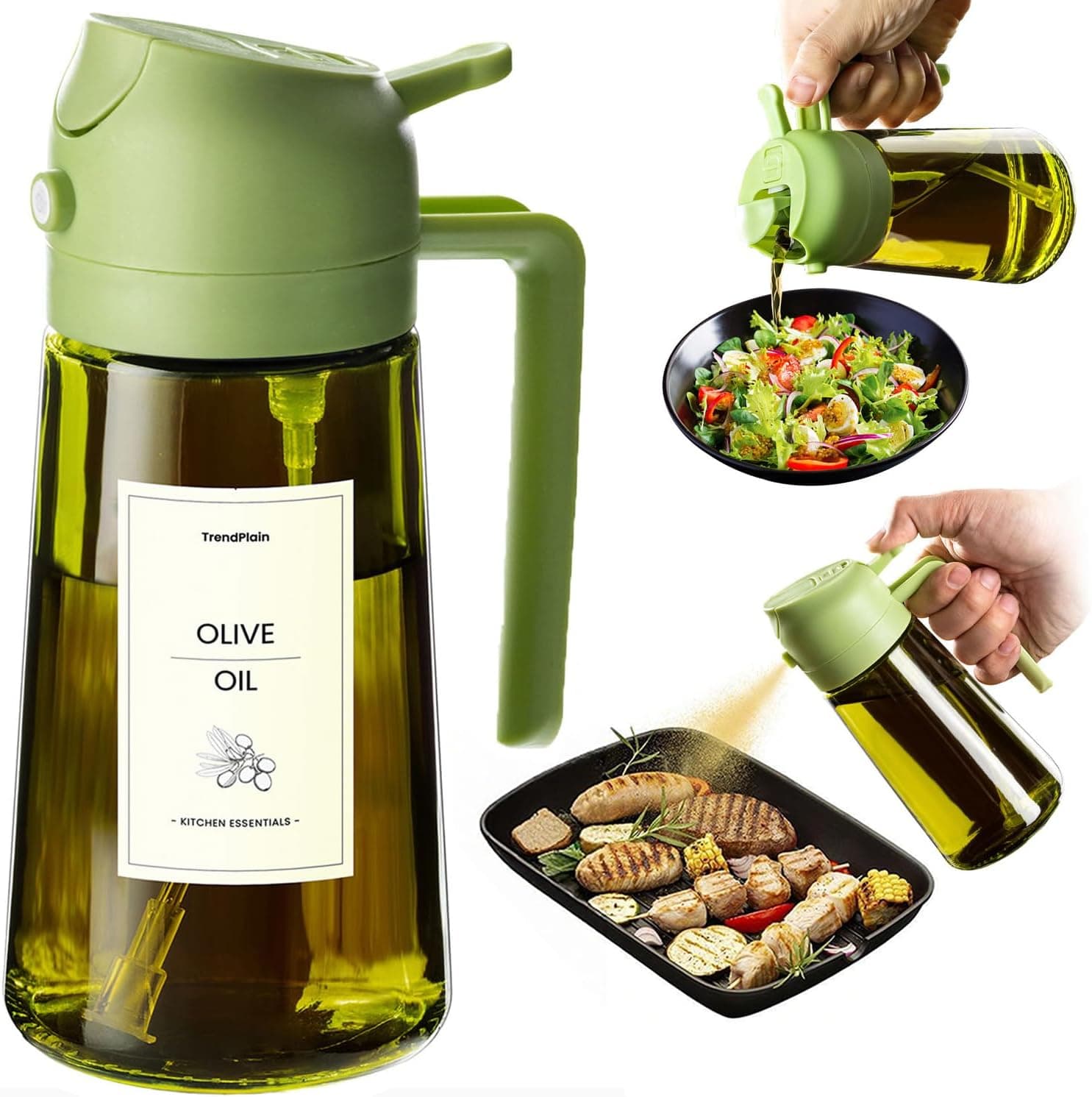 TrendPlain Pulverizador Aceite Spray 470ml - 2 en 1 Spray Aceite Cocina, Dispensadora para Freidora de Aire, Ensaladas, Vinagre y Accesorios Cocina (1 unidad, Verde - 3)