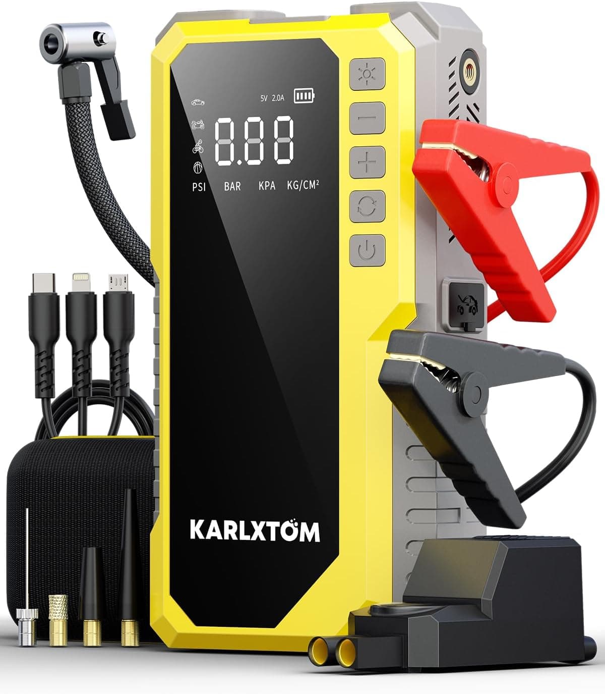 Karlxtom Arrancador de Baterias de Coche 4500A, Compresor de Aire de 190 PSI (Toda Gasolina o 10L Diésel)，12V Arrancador de Coches, Linterna LED de 500 Lúmenes, Pantalla LCD