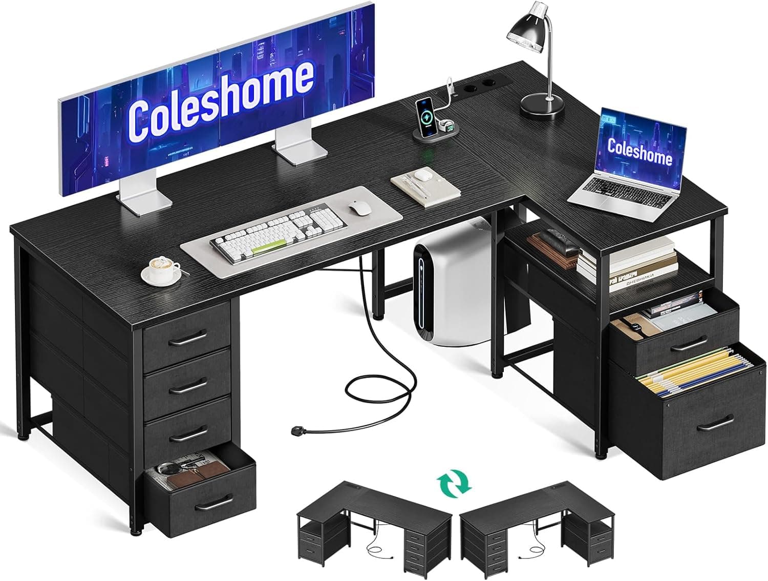 Coleshome Escritorio Esquinero con Cajones de Tela, 140x80cm, Negro
