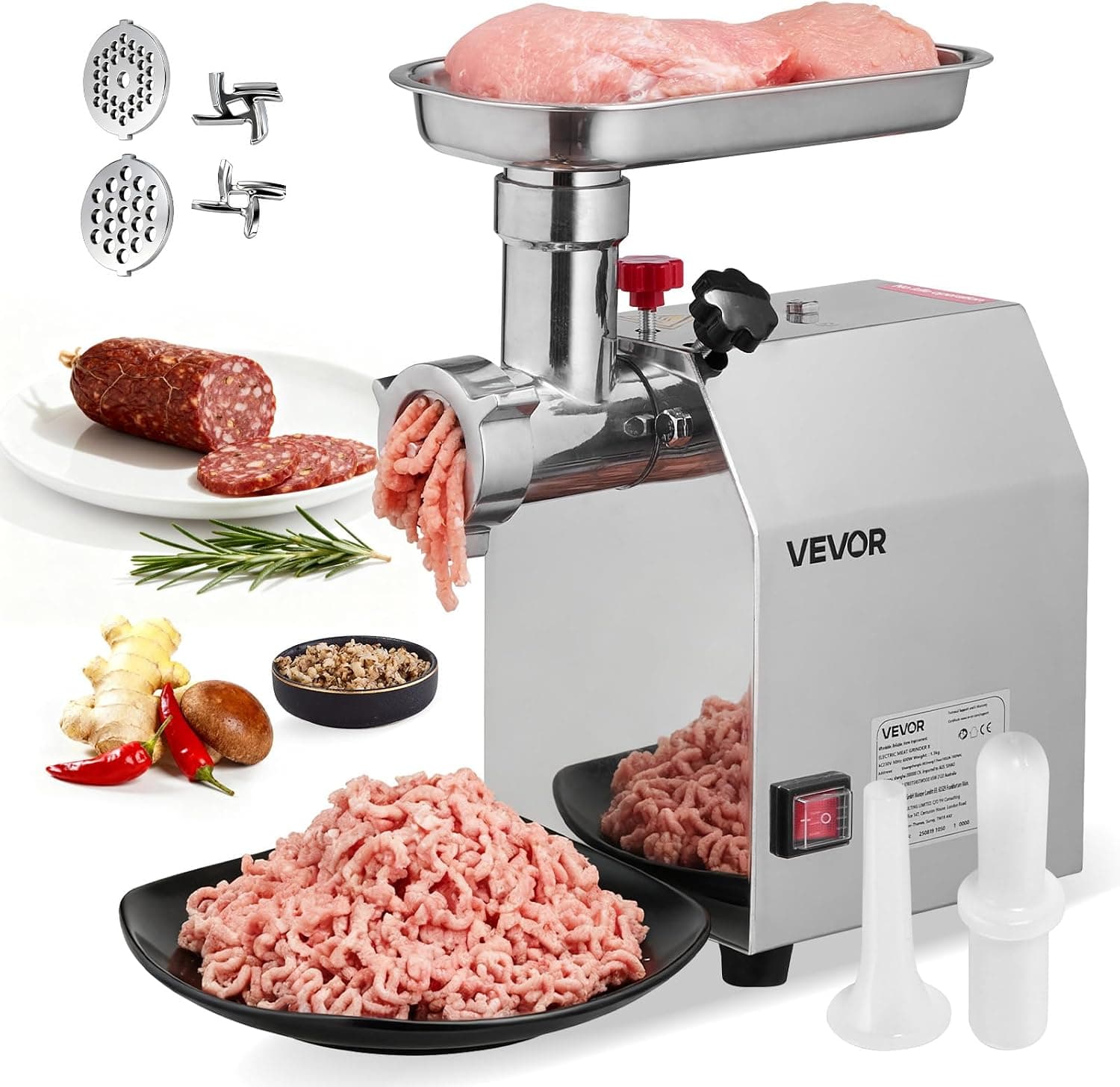 VEVOR Picadora de Carne Eléctrica de Encimera con Cuchilla, Capacidad de 2,3 kg/min, Placa de Molienda, para Hacer Salchichas, de Acero Inoxidable, para Cocina y Restaurante, 292 x 180 x 355 mm