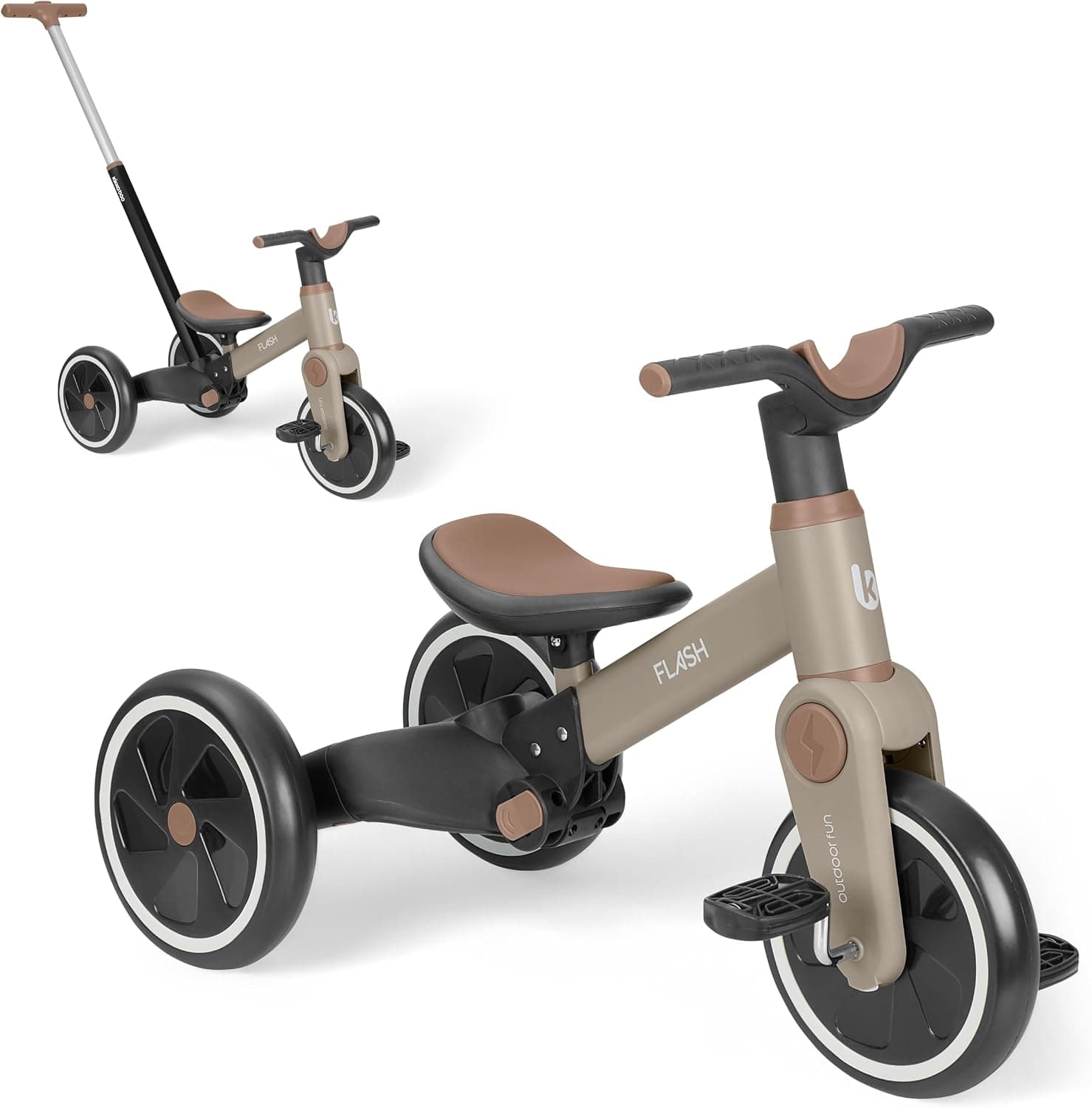 KikkaBoo Triciclo Evolutivo de Bebé 5 en 1 Flash, Desde 18 Meses a 4 Años, Transformable en Bicicleta Sin Pedales, con Manillar de Empuje Ajustable, Ligero, Ruedas EVA, Beige